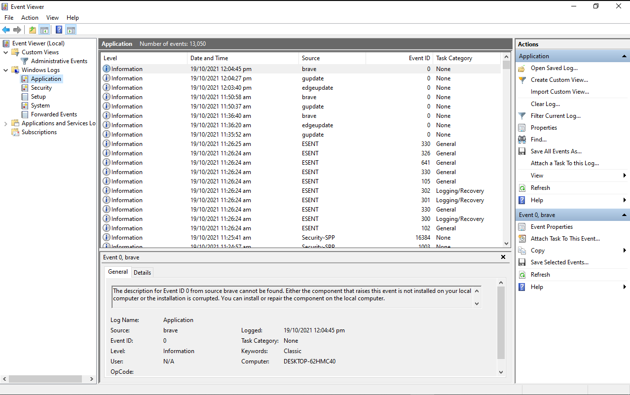 Диаграмма журналов событий Windows: Security, Application, System