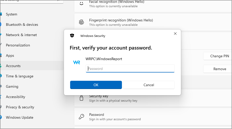 Conferma con password account