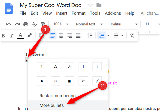 Дважды щёлкните номер, щёлкните правой кнопкой и выберите More Bullets.