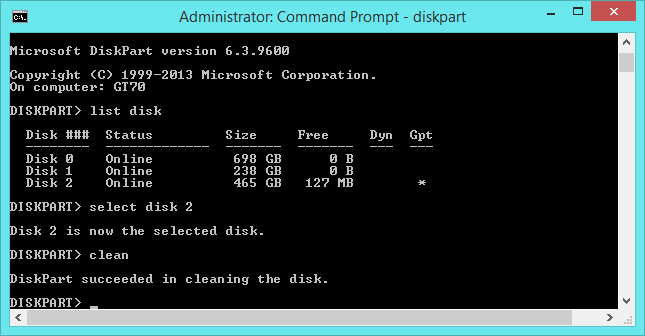 DiskPart успешно очистил диск