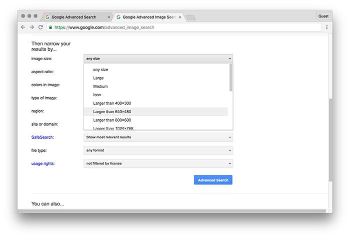 Поле выбора минимального размера изображений, указано 640×480 пикселей