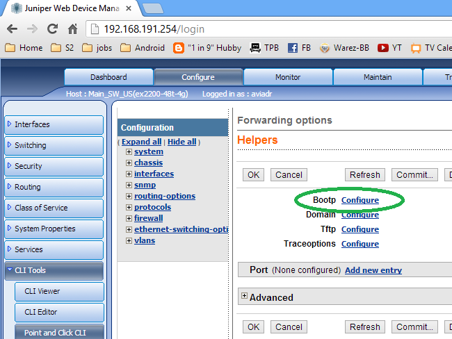 Экран Bootp в WebGUI