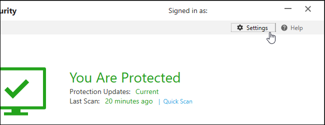 Окно Norton с ссылкой Параметры