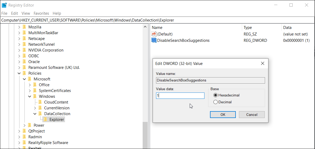 Отключение подсказок поиска через реестр