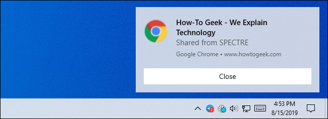 Уведомление для совместно отправленной вкладки в Google Chrome на Windows 10