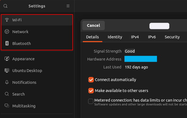 Окно настроек сети в Linux с вкладками и подробной информацией.
