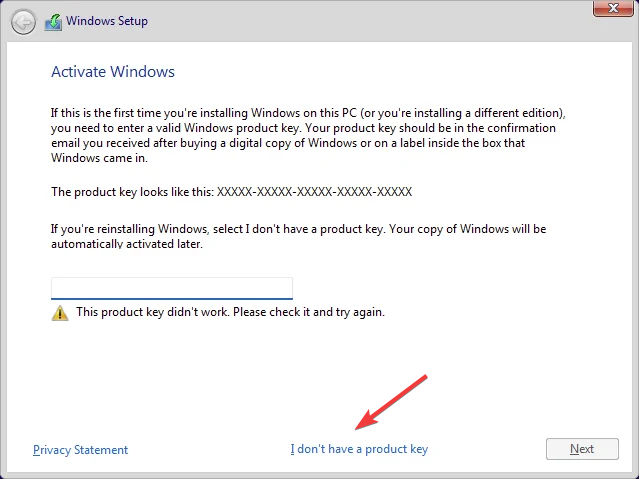 Окно ввода ключа продукта в установщике Windows