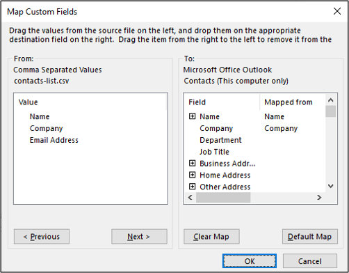 Окно сопоставления полей при импорте контактов в Outlook