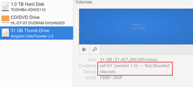 USB отформатирован в exFAT в GNOME Disks