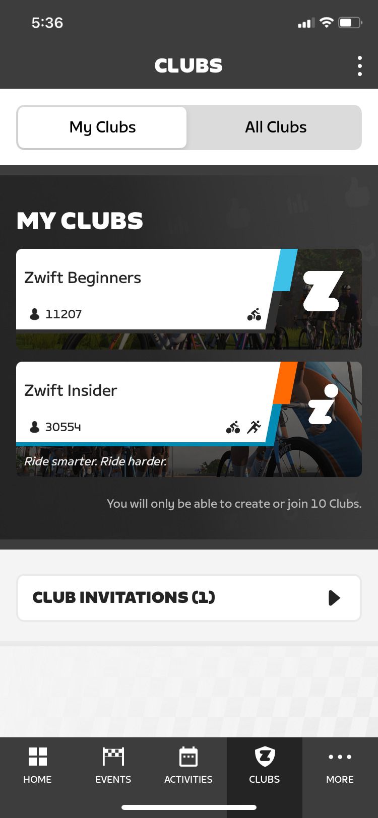Zwift Companion app club invitations