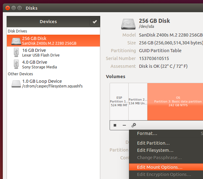 Снимок экрана: окно редактирования параметров монтирования в GNOME Disks