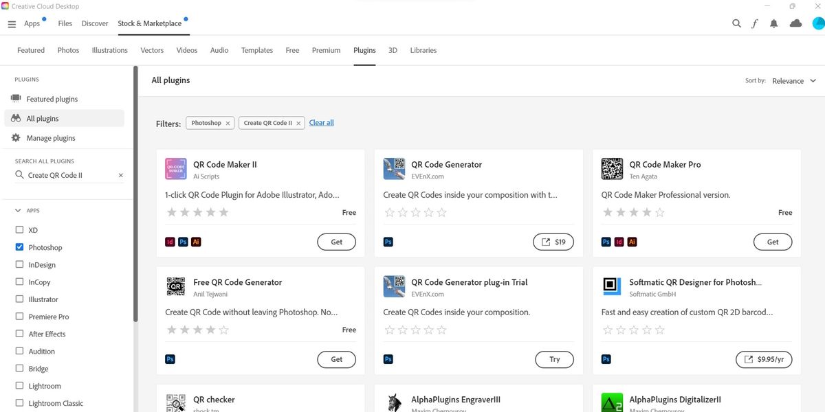 Окно поиска плагинов в Creative Cloud.