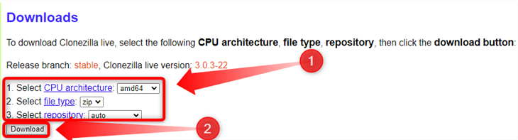 Выберите amd64, zip и auto на странице загрузки Clonezilla