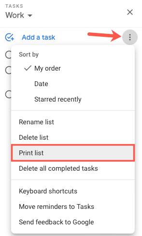 Пункт Печатать список в меню Ещё