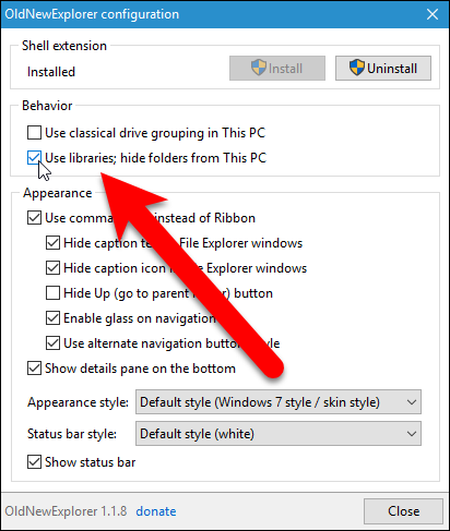 Опция использовать библиотеки и скрыть папки из 