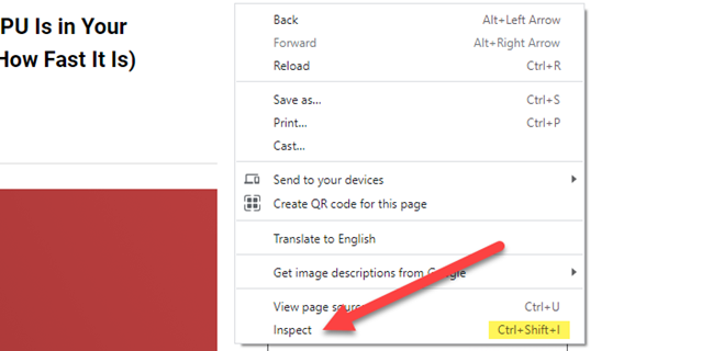 Меню «Inspect» в Chrome.