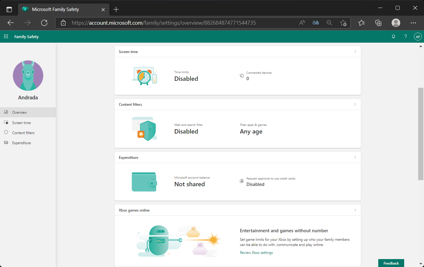 Категории настроек в профиле члена семьи