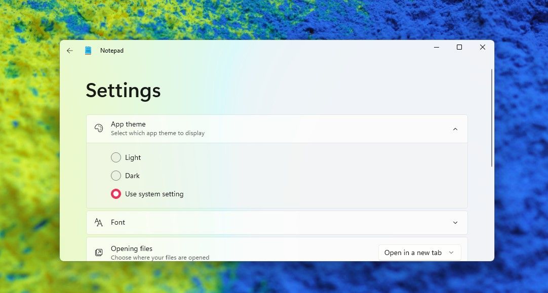 Параметры темы приложения в Блокноте: Light, Dark, Use system setting