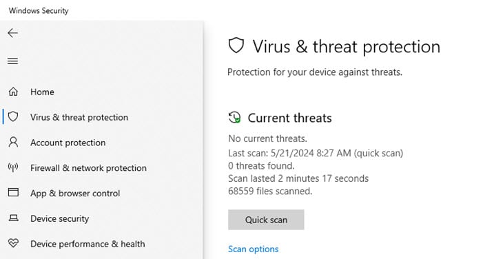 Раздел Защита от вирусов и угроз в Windows Security