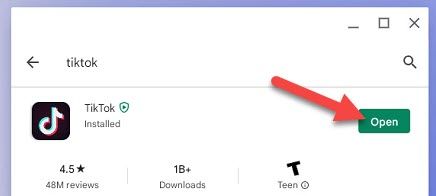 Кнопка «Открыть» приложения TikTok на Chromebook после установки.