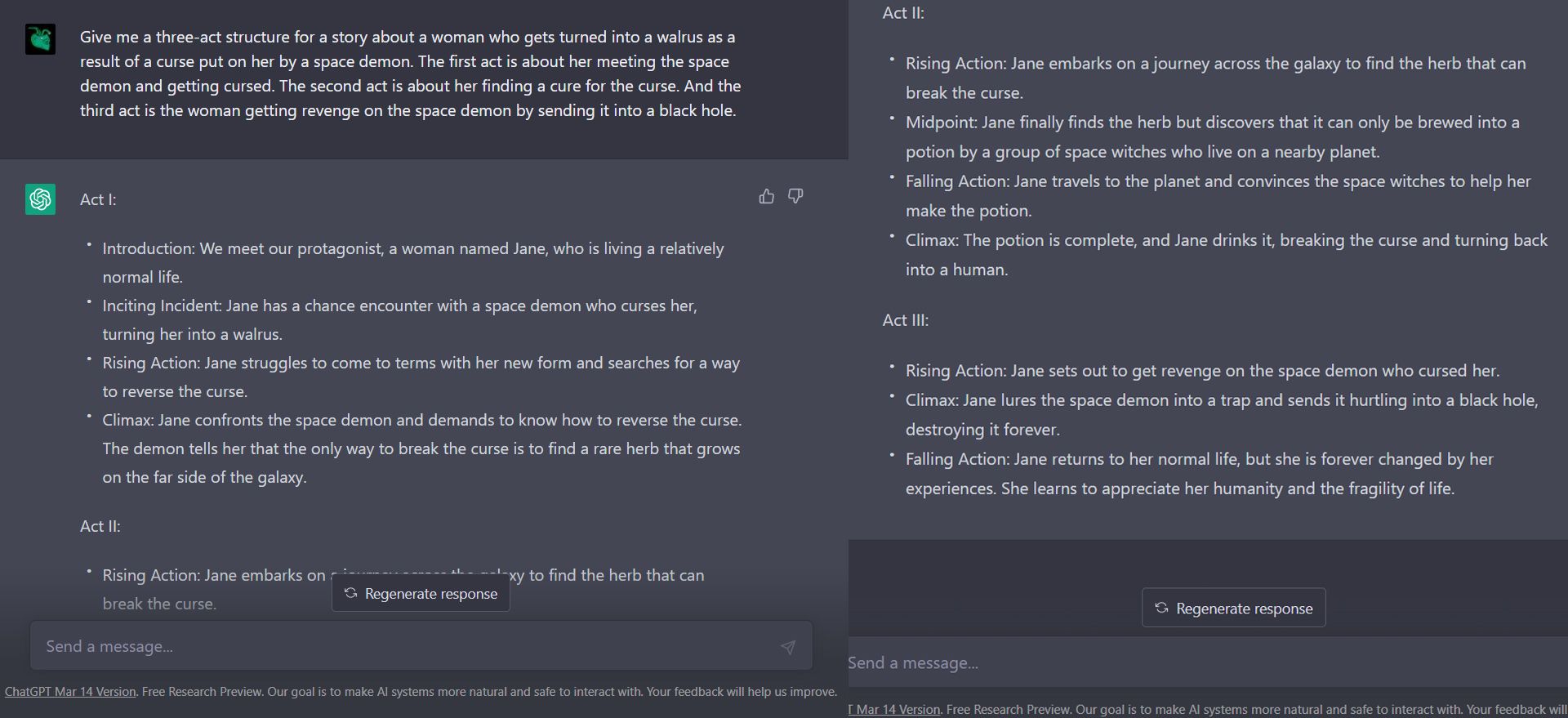 ChatGPT делает триактную структуру для забавного рассказа.