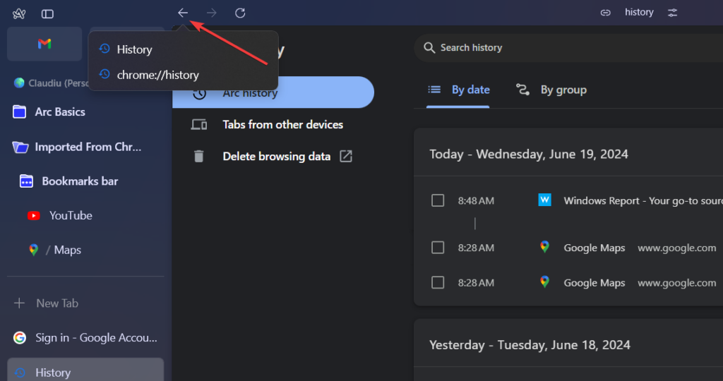 Долгое нажатие левой кнопки 'Назад' в Arc, список предыдущих страниц