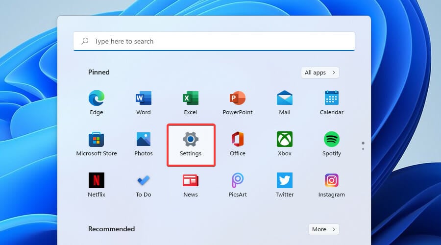 Значок Параметры в меню Пуск