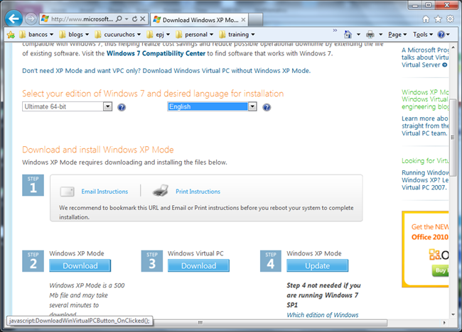 Выбор версии Windows Virtual PC на сайте Microsoft