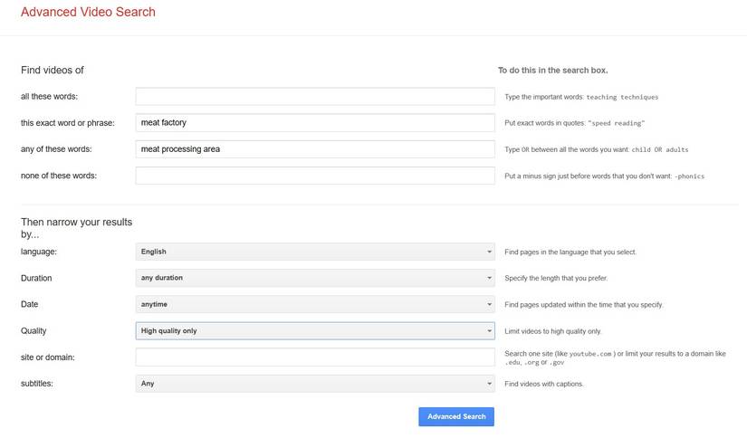 Поиск о фабрике по переработке мяса в инструменте Google Advanced Video Search, показывающий форму поиска и фильтры.