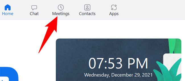Нажмите «Meetings» в верхней части окна Zoom.