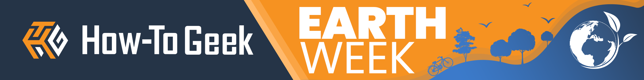 Логотип How-To Geek Earth Week с лесом и глобусом.