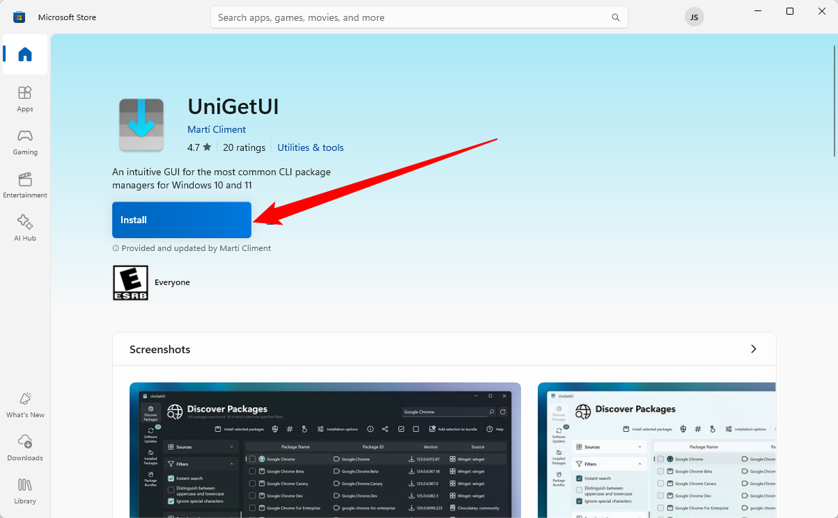 Кнопка установки UniGetUI в Microsoft Store