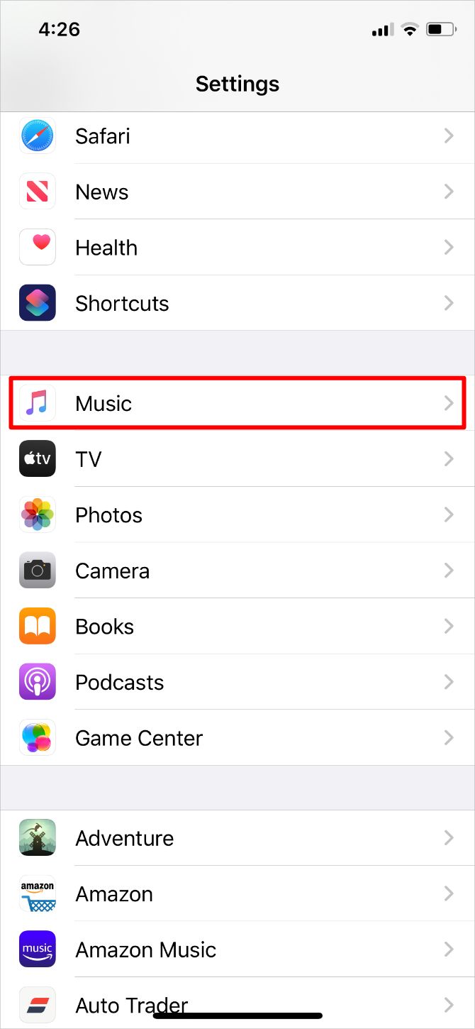 Параметр Apple Music в настройках iPhone
