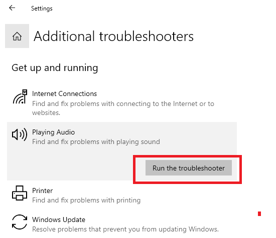Средство устранения неполадок 'Воспроизведение аудио'