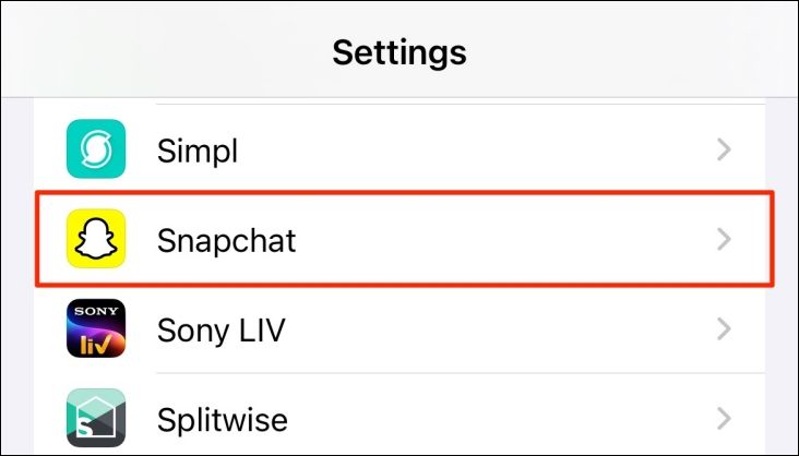 Snapchat в списке приложений в настройках iPhone.