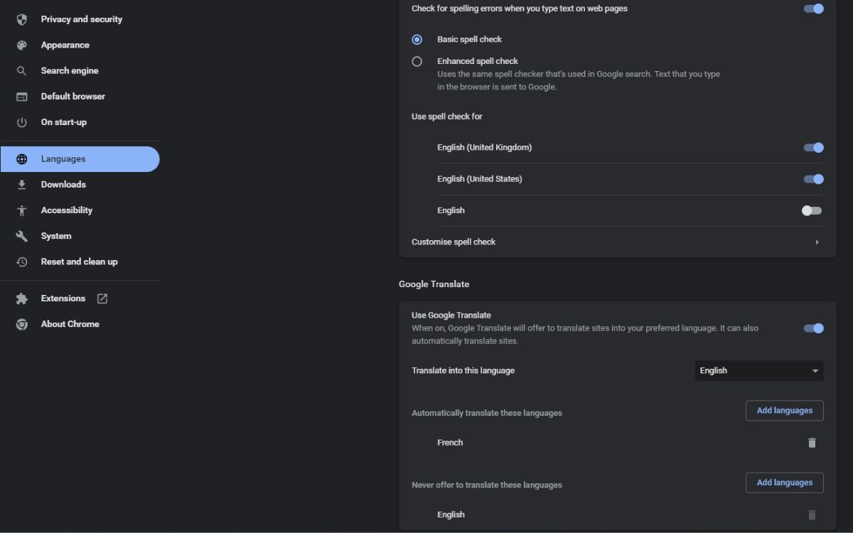 Скриншот страницы настроек языков в Chrome