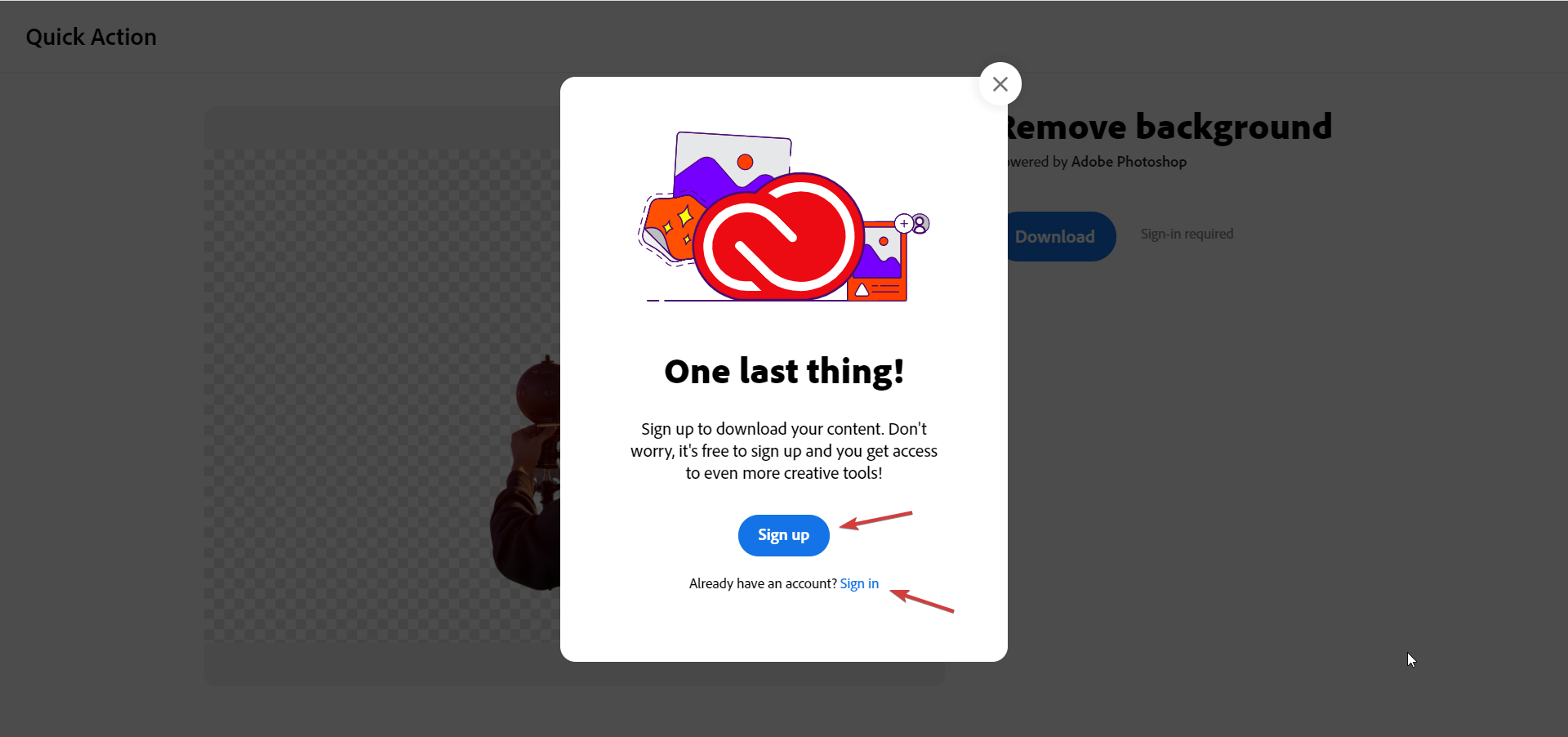 Окно регистрации/входа в Adobe Express
