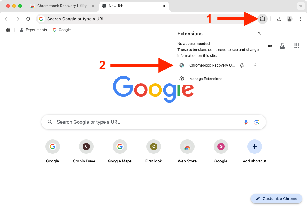 Открытие Recovery Utility из панели инструментов Chrome.