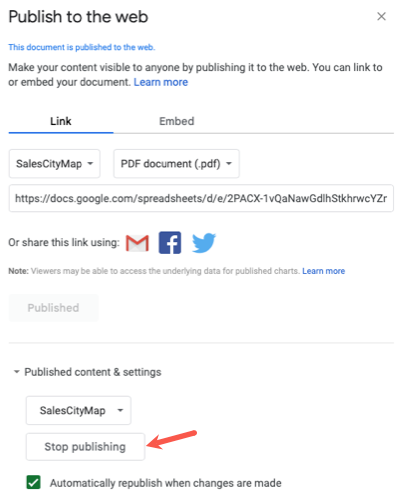 Кнопка Остановить публикацию
