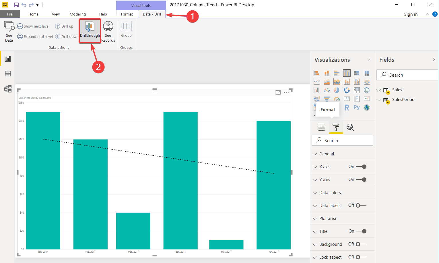 Опция Drillthrough в Power BI на ленте