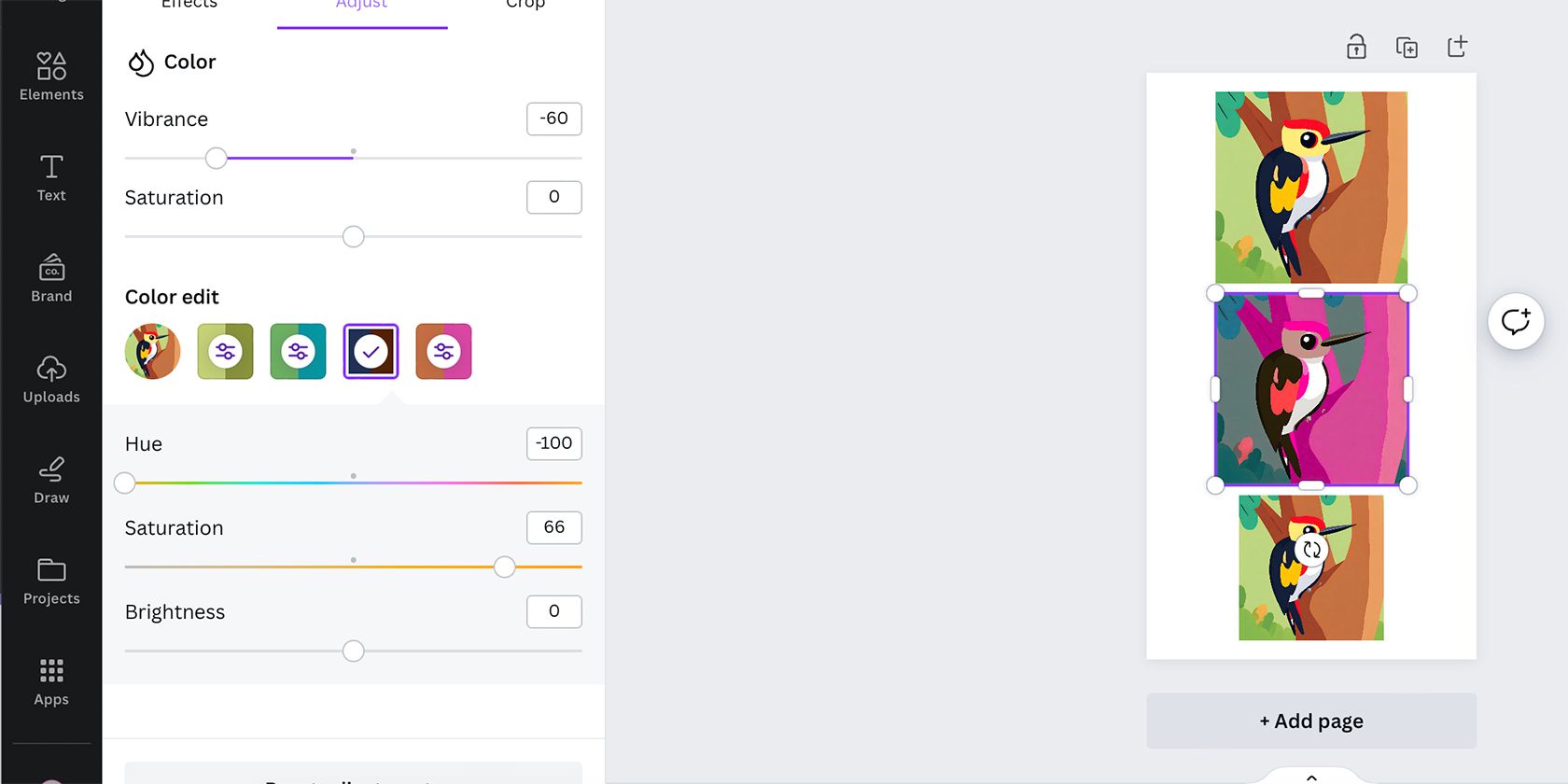 Инструмент редактирования фото в Canva с настройками цвета