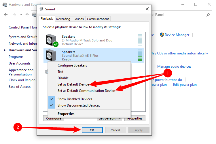 Установите устройство по умолчанию для воспроизведения и для связи, затем нажмите OK.