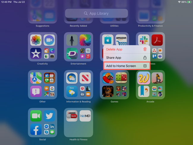 Выбор Добавить на Домашний экран из меню Библиотеки