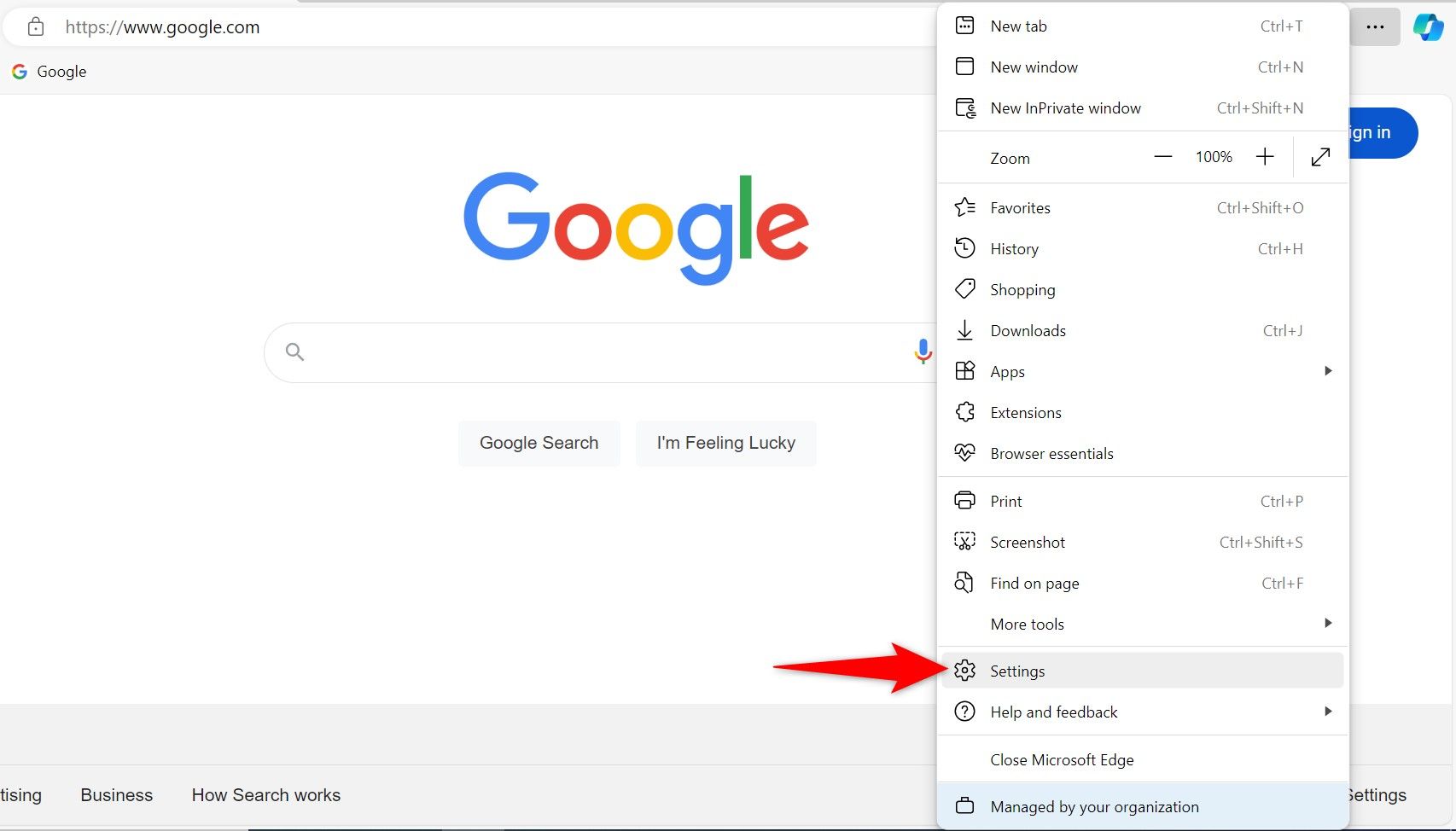 Пункт Settings в меню Edge
