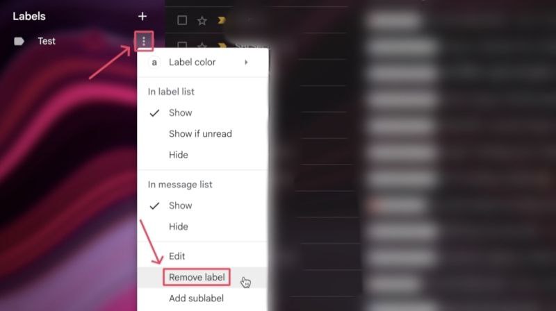 Меню метки в боковой панели Gmail