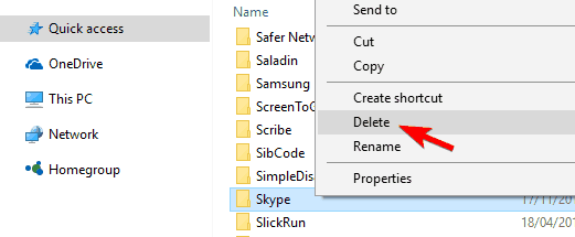 Папка Skype в %appdata%
