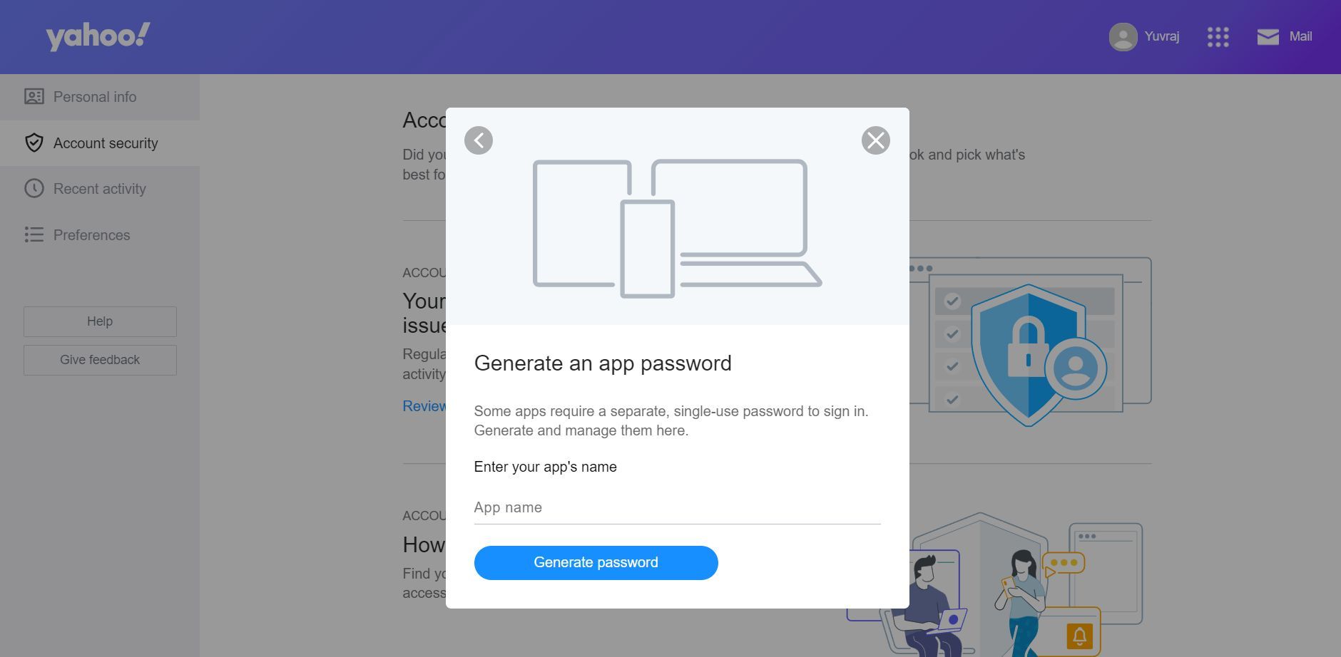 Интерфейс генерации пароля приложения в Yahoo Mail