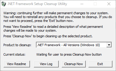 Интерфейс .NET Framework Cleanup Tool: выбор опции All Versions