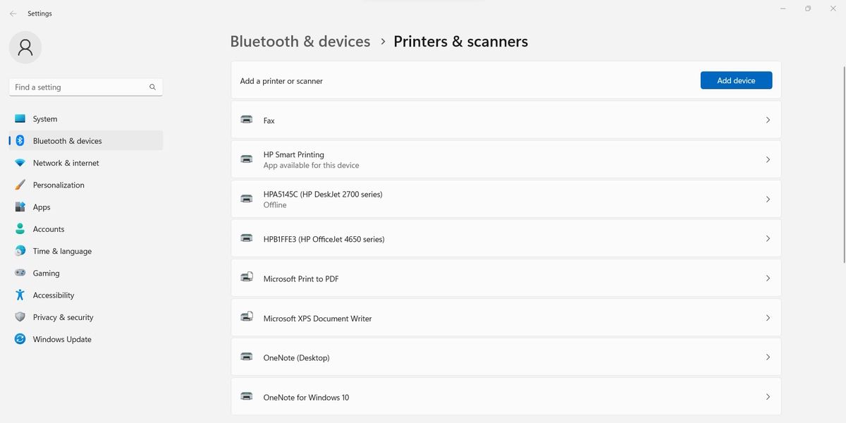 Страница «Принтеры и сканеры» в Windows.