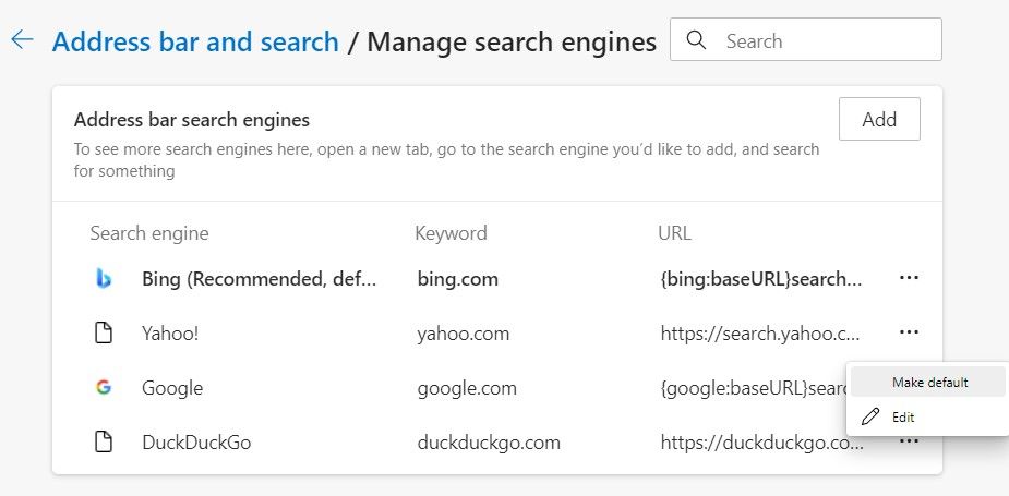 Установка Google как поисковой системы по умолчанию в Microsoft Edge